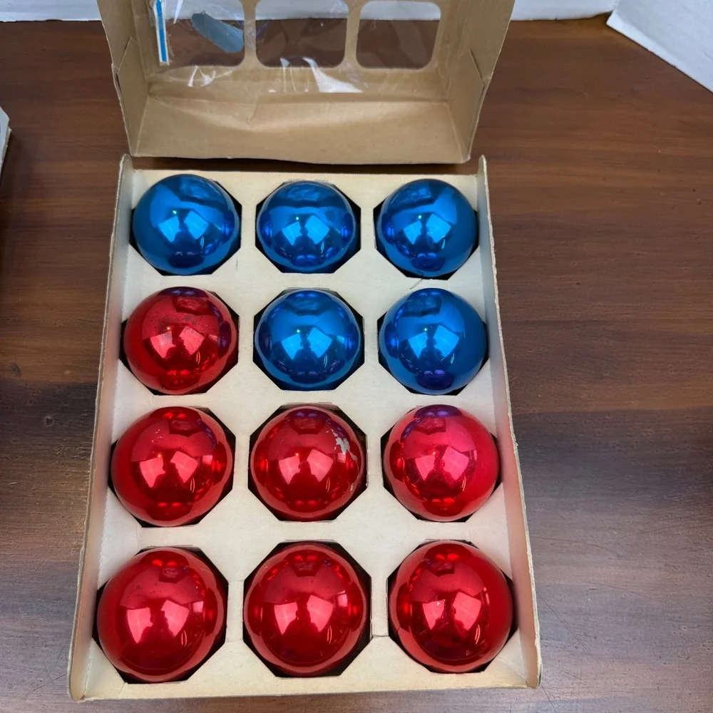 Vintage Holly Glass Christmas Ornaments Red Blue Set of 24 2.25